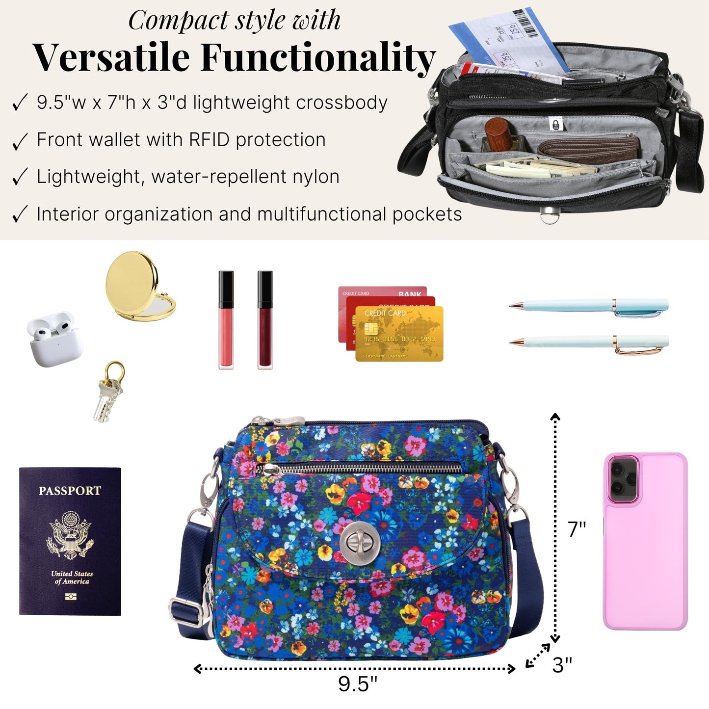 Baggallini Calais Crossbody Bags for Women 10x7 Lightweight Water-Resistant Travel Purse, RFID & Interior Organization