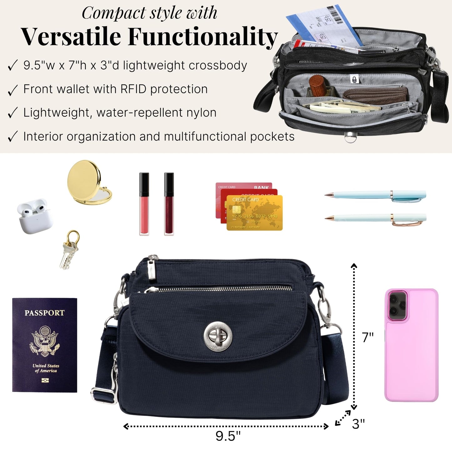 Baggallini Calais Crossbody Bags for Women 10x7 Lightweight Water-Resistant Travel Purse, RFID & Interior Organization