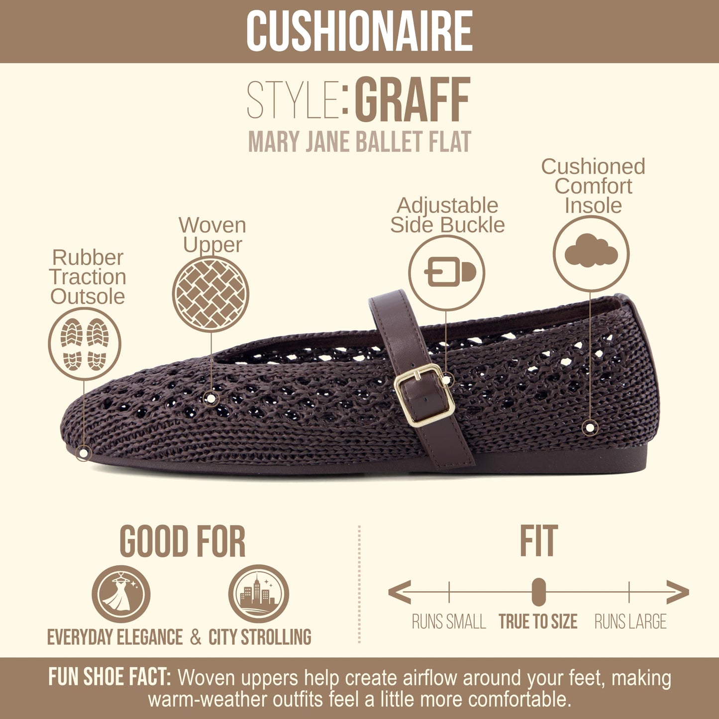 CUSHIONAIRE Graff Mary Jane Shoes for Women, Woven Ballet Flats with Adjustable Buckle Strap, Lightweight Slip On Shoes