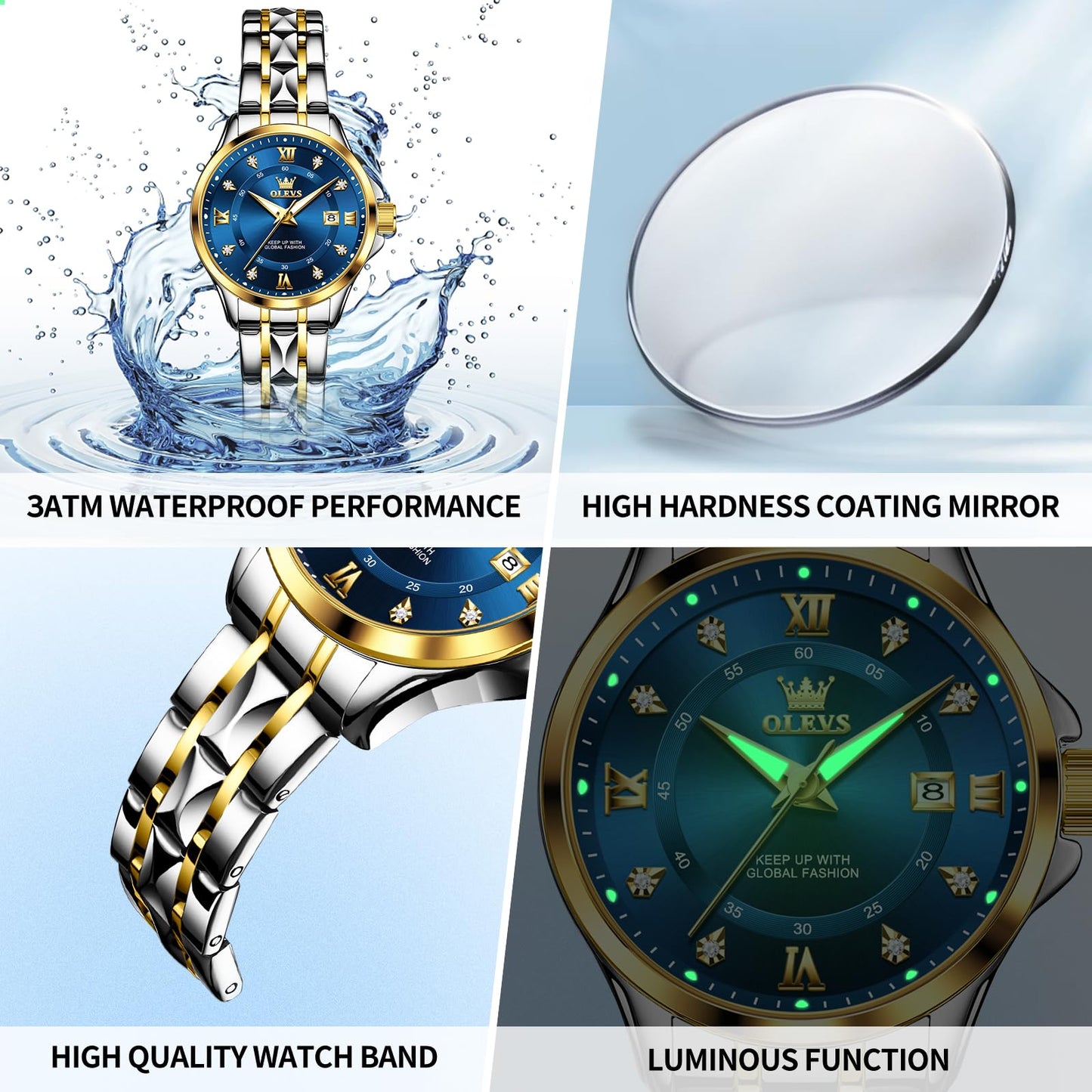 OLEVS Watch Women Two Tone Watches for Women with Date Dress Womens Watches for Small Wrists Luxury Easy Read Womens Watch Waterproof Blue/Black/Gold/Silver Dial Reloj para Mujer
