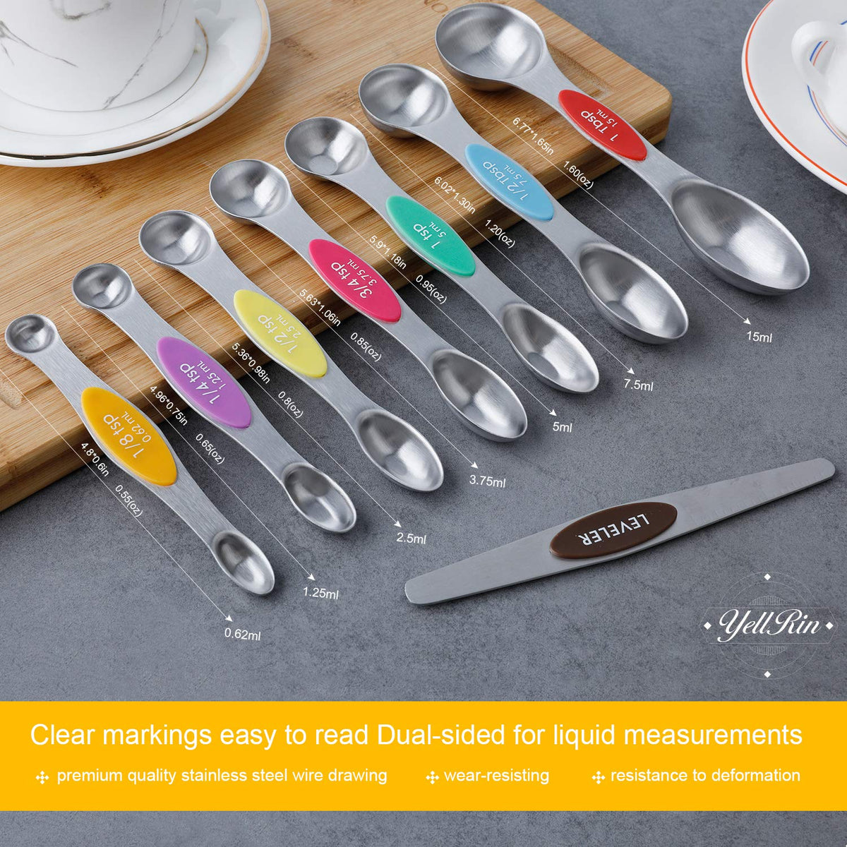 Magnetic Measuring Spoons Set Stainless Steel Dual Sided Stackable Measuring Spoon Set of 8 Nesting Teaspoons Tablespoons for Measuring Dry and Liquid Ingredients