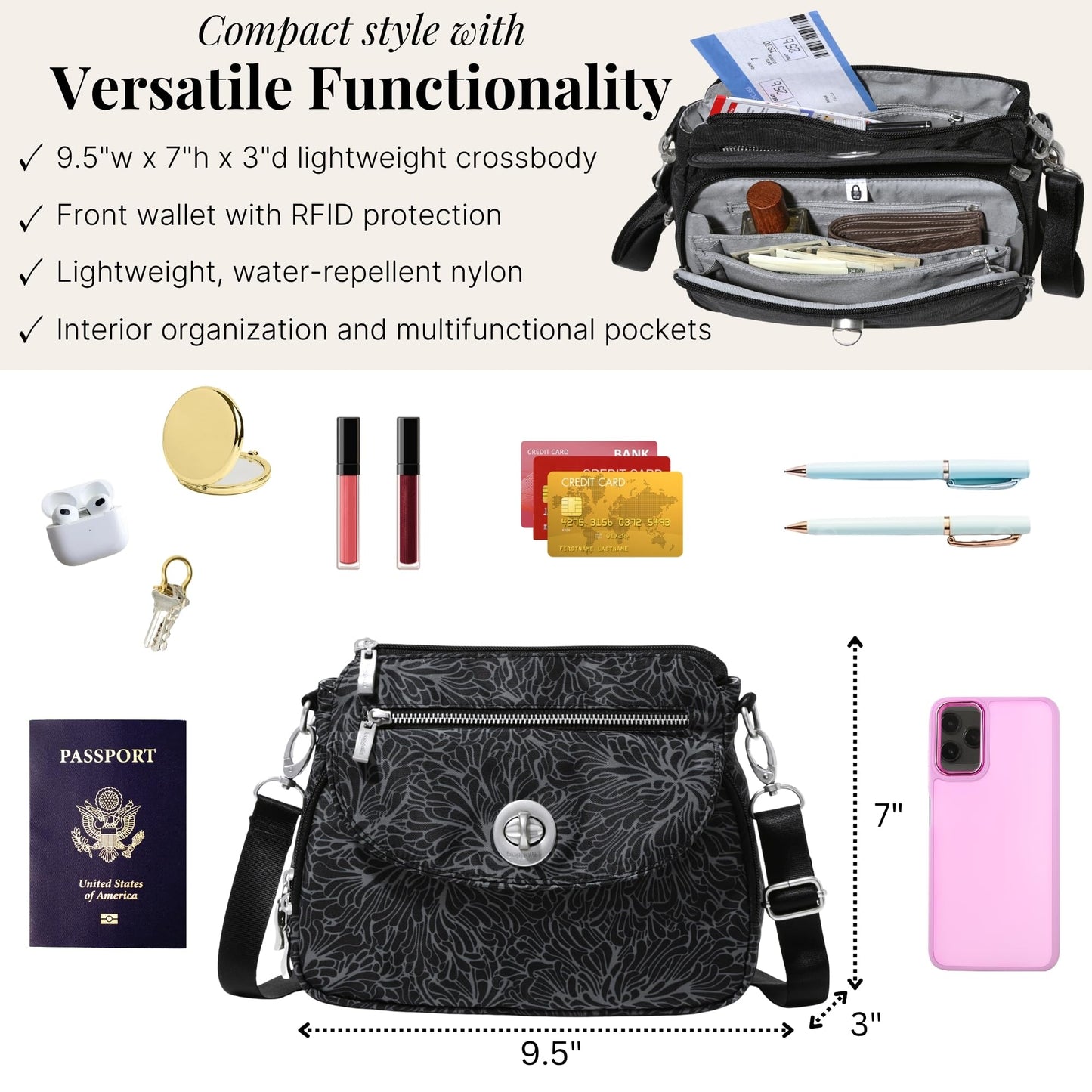 Baggallini Calais Crossbody Bags for Women 10x7 Lightweight Water-Resistant Travel Purse, RFID & Interior Organization