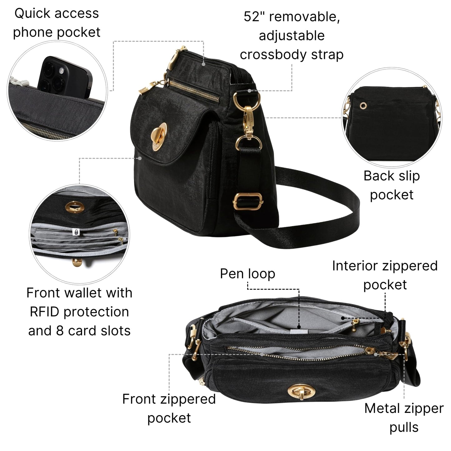 Baggallini Calais Crossbody Bags for Women 10x7 Lightweight Water-Resistant Travel Purse, RFID & Interior Organization