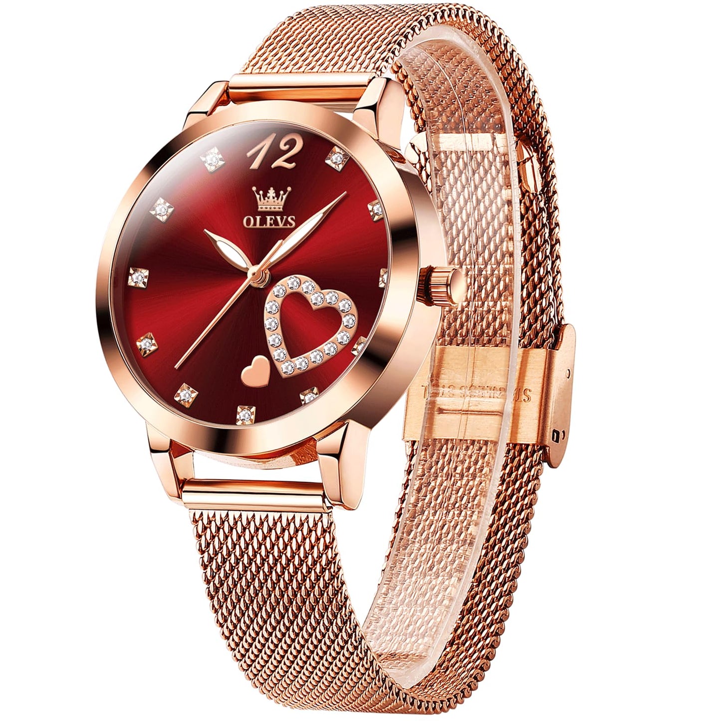 OLEVS Women's Small Wrist Rose Gold Tone Watch - Cute Diamond Heart Arabic Numerals Dial, Fashion Waterproof Mesh Bracelet Analog Dress for Ladies