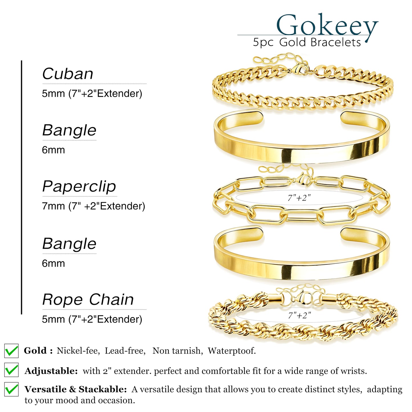 Jewelry Gold Bracelets Set for Women Non Tarnish, Waterproof 14K Gold Plated Sterling Silver Chunky Cuff Bracelet Stackable Gold Bangles Bracelet for Women Trendy Fashion Accessories Tie Knot Cuban Rope Paperclip Beaded Bracelet Stack