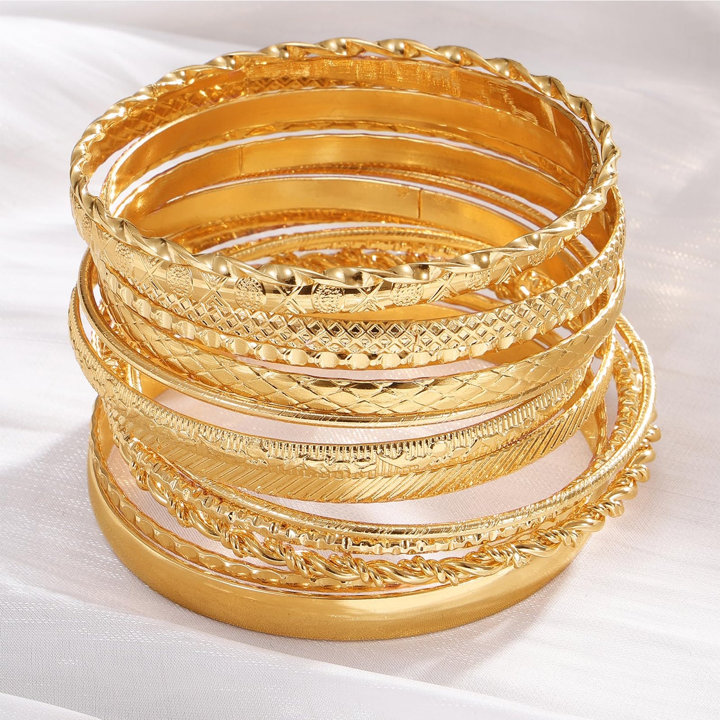 17IF Gold Bangle Bracelet For Women, 14k Multilayer Charm Textured Stackable Bracelets Boho Indian Chunky Cuff Fashion Jewelry Gift