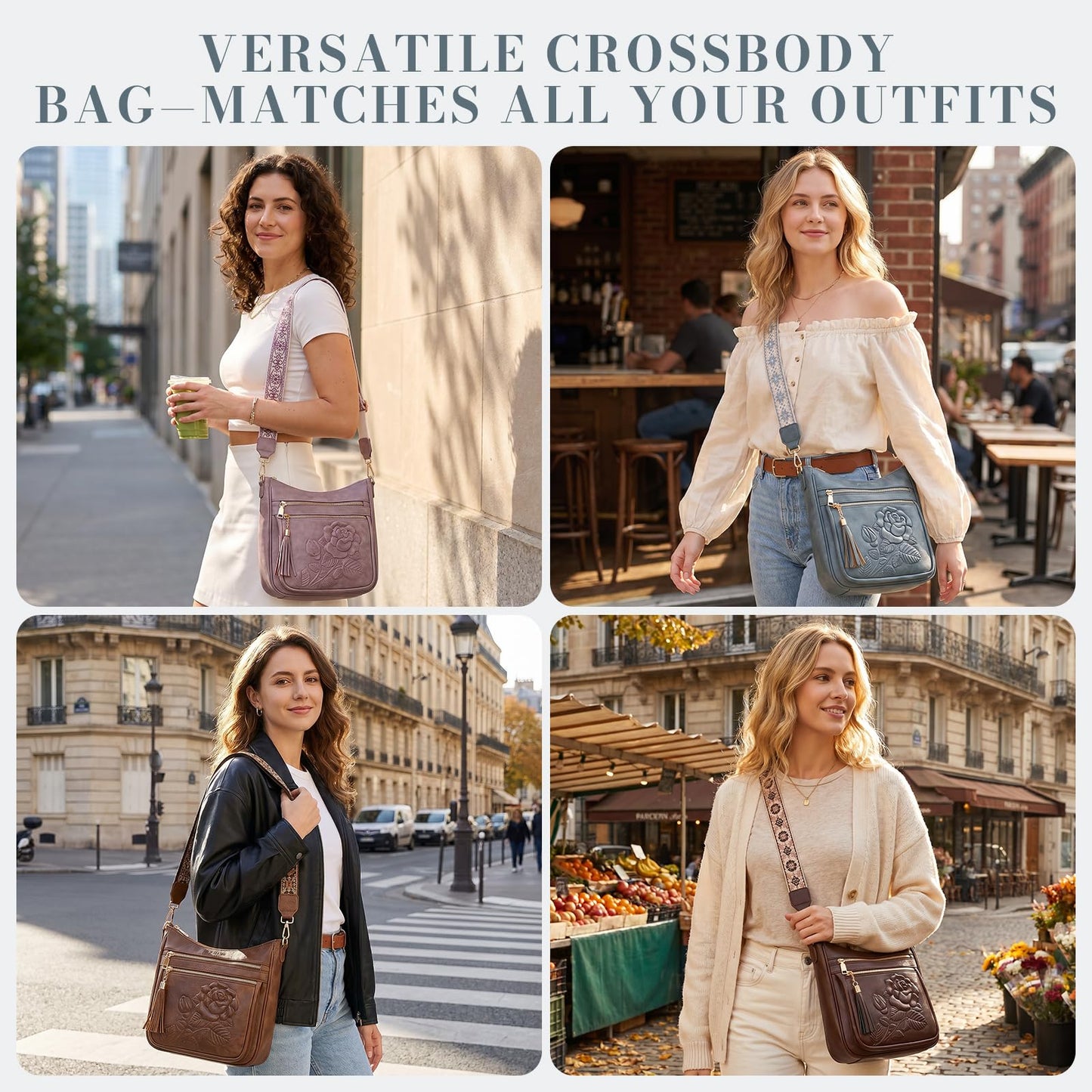 Crossbody Bags for Women, Vegan Leather Crossbody Purse, Multiple Pocket Daily Travel Shoulder Bag with Boho Strap