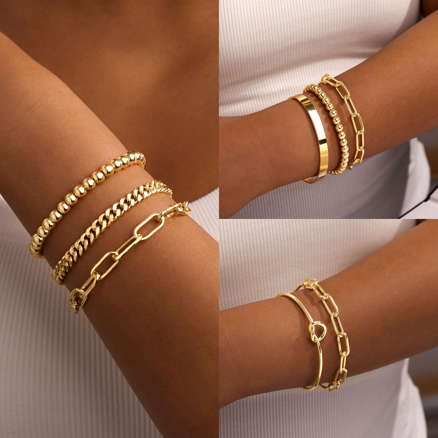 Jewelry Gold Bracelets Set for Women Non Tarnish, Waterproof 14K Gold Plated Sterling Silver Chunky Cuff Bracelet Stackable Gold Bangles Bracelet for Women Trendy Fashion Accessories Tie Knot Cuban Rope Paperclip Beaded Bracelet Stack