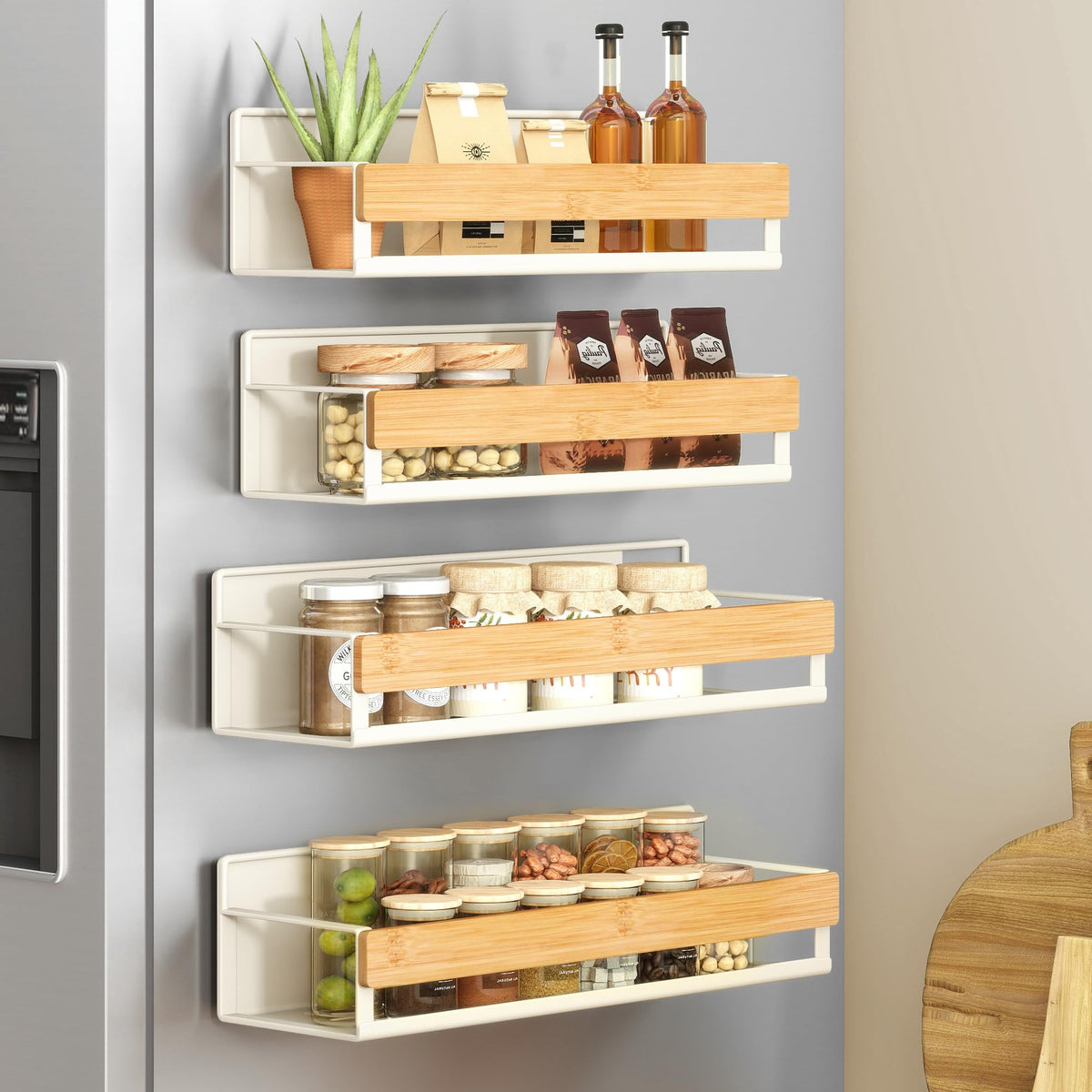 SONGMICS Strong Magnetic 4 Pack Bamboo Spice Rack for Refrigerator, Kitchen Magnetic Shelves for Washing Machine, Spice Organizers, No Drilling Needed