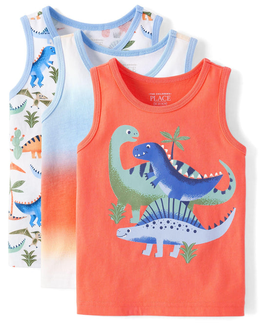 The Children's Place,Baby Boys,and Toddler Assorted Tank Top,Green Dinos 3-Pack,4 Years