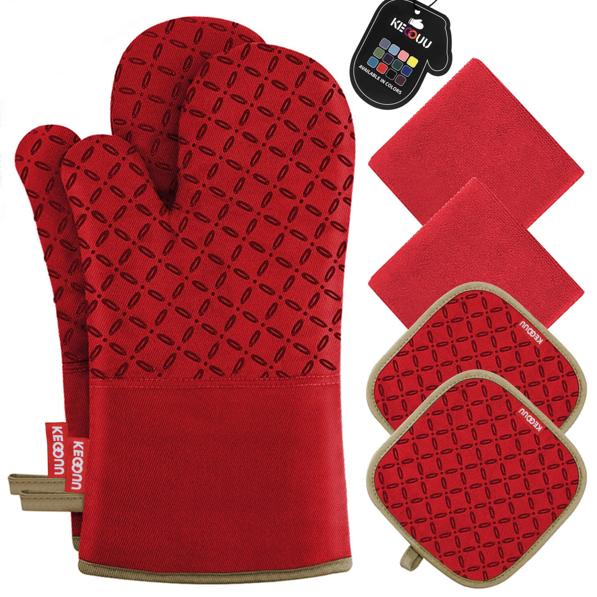 KEGOUU Oven Mitts and Pot Holders 6pcs Set, Kitchen Oven Glove High Heat Resistant 500 Degree Extra Long Oven Mitts and Potholder with Non-Slip Silicone Surface for Cooking (Gray)