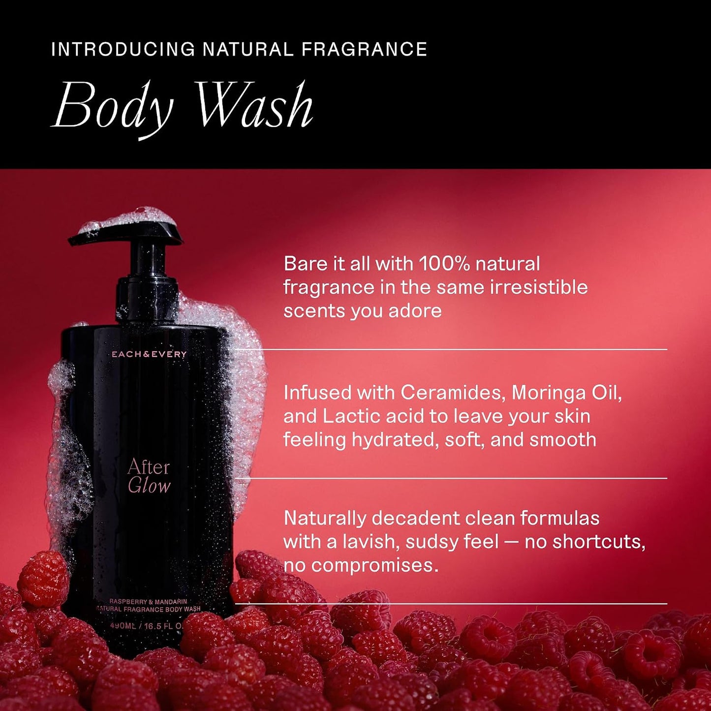 Each & Every After Glow Trio - Body Wash 16.5 Fl Oz, Natural Hair & Body Mist, Aluminum Free Deodorant 2.5 oz, Hydrating Cleanse, Odor Protection & Fresh Scent, Raspberry & Mandarin