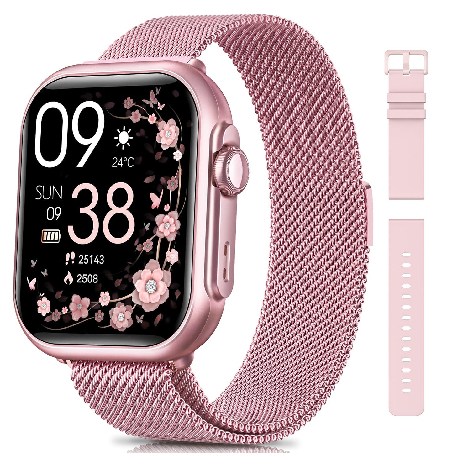Smart Watch for Women for iPhone Android: 1.85"Smartwatch with Make/Answer Call Sleep Heart Rate SpO2 Blood Pressure Monitor IP68 Waterproof 120+Sport Mode Fitness Tracker 1000mAh Battery 2Bands Pink