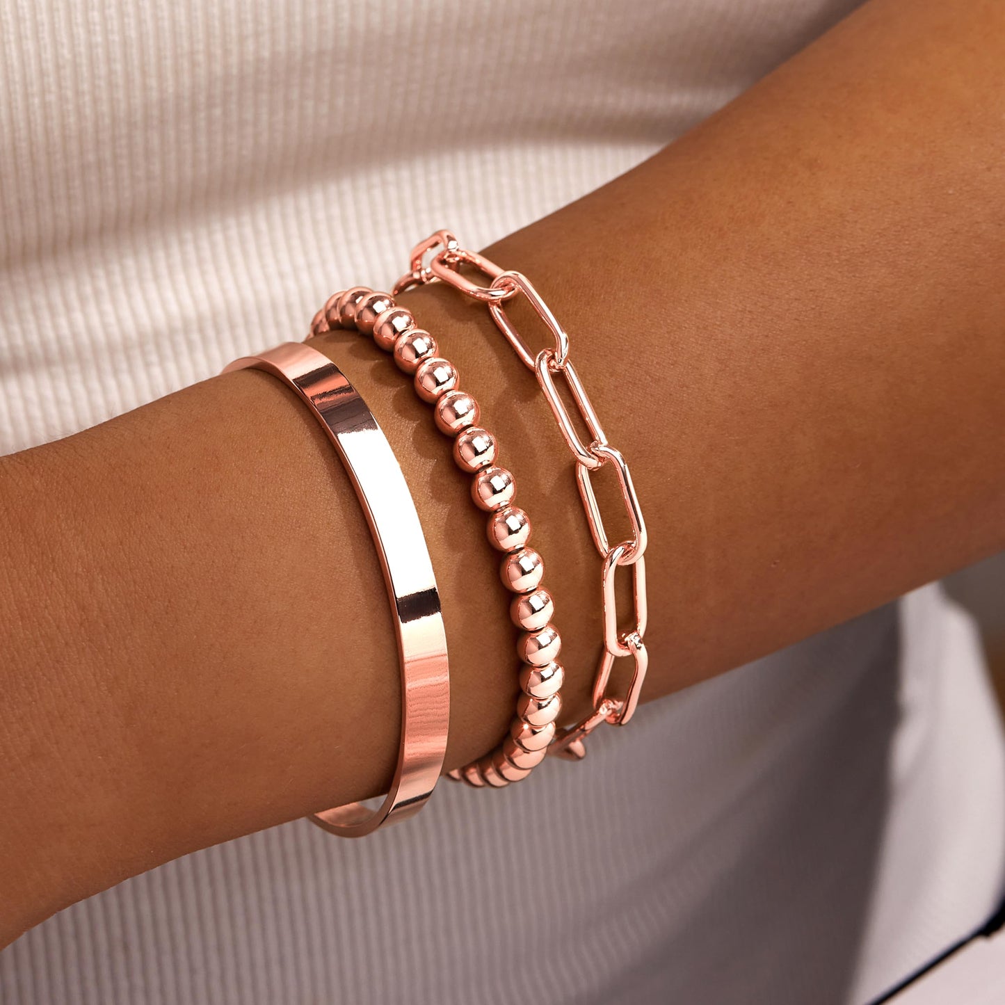 Jewelry Gold Bracelets Set for Women Non Tarnish, Waterproof 14K Gold Plated Sterling Silver Chunky Cuff Bracelet Stackable Gold Bangles Bracelet for Women Trendy Fashion Accessories Tie Knot Cuban Rope Paperclip Beaded Bracelet Stack