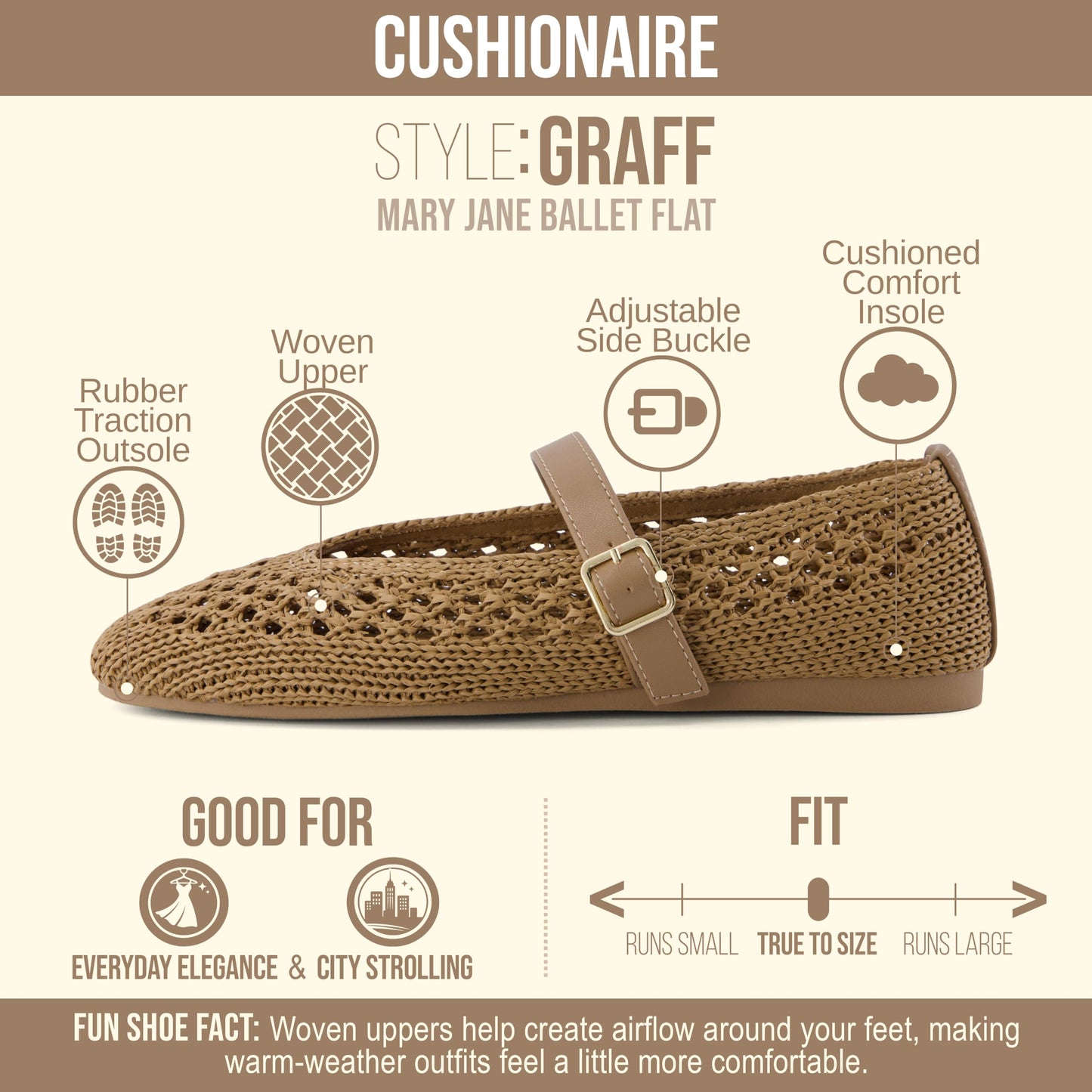 CUSHIONAIRE Graff Mary Jane Shoes for Women, Woven Ballet Flats with Adjustable Buckle Strap, Lightweight Slip On Shoes