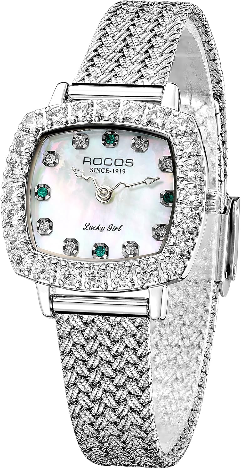 ROCOSJEWE Luxury Silver Diamond Ladies Watch for Women, Square Quartz Wrist Watch with Natural Mother-of-Pearl Dial, Elegant Small Dial, Premium Branded Women’s Watch, Gift for Women R0264