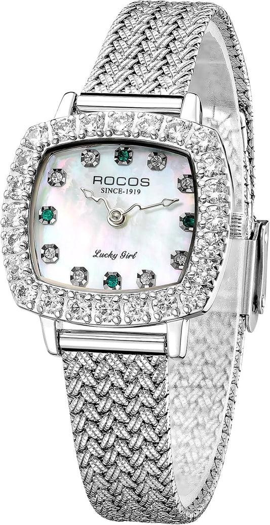 ROCOSJEWE Luxury Silver Diamond Ladies Watch for Women, Square Quartz Wrist Watch with Natural Mother-of-Pearl Dial, Elegant Small Dial, Premium Branded Women’s Watch, Gift for Women R0264