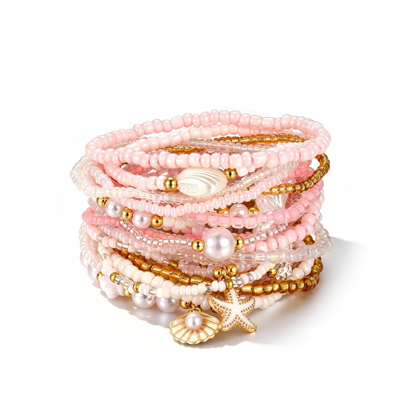 FAXHION Boho Gold Beaded Bracelets for Women, Starfish & Shell Pendant Bracelet Stack, Gold Bracelet Set Summer Beach Jewelry Gifts
