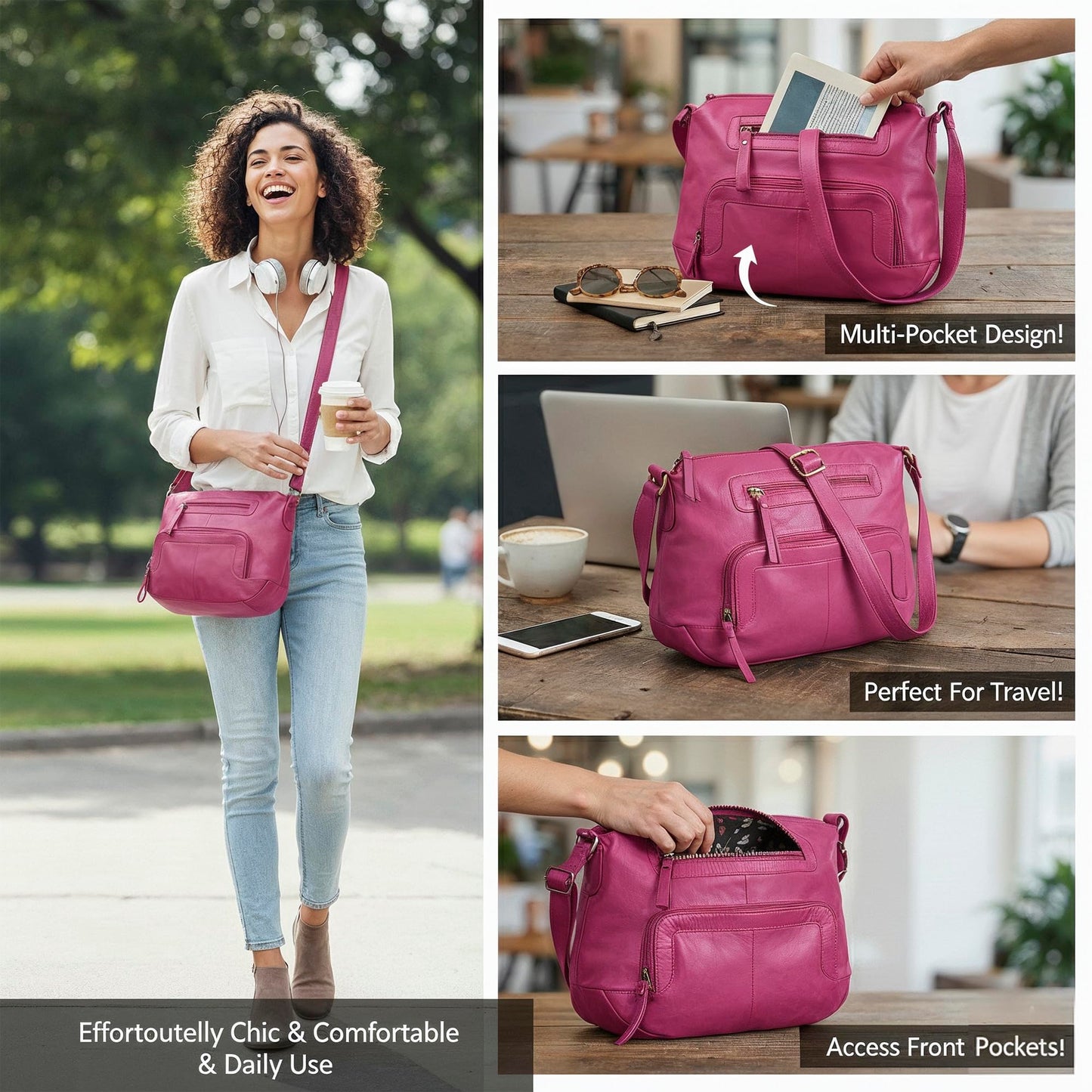 Oak Leathers Women's Crossbody Bag - Genuine Leather Crossover Shoulder Purse With Adjustable Sling Strap - Medium Size