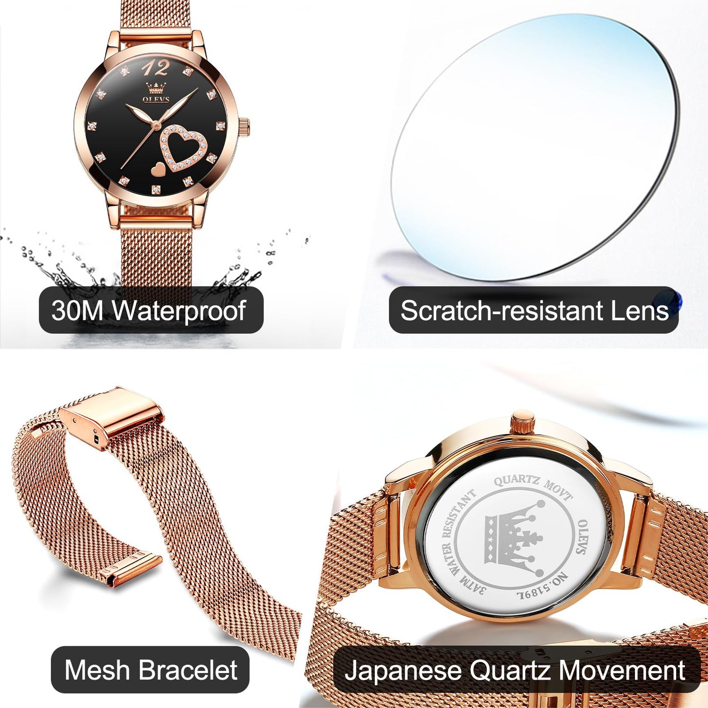 OLEVS Women's Small Wrist Rose Gold Tone Watch - Cute Diamond Heart Arabic Numerals Dial, Fashion Waterproof Mesh Bracelet Analog Dress for Ladies