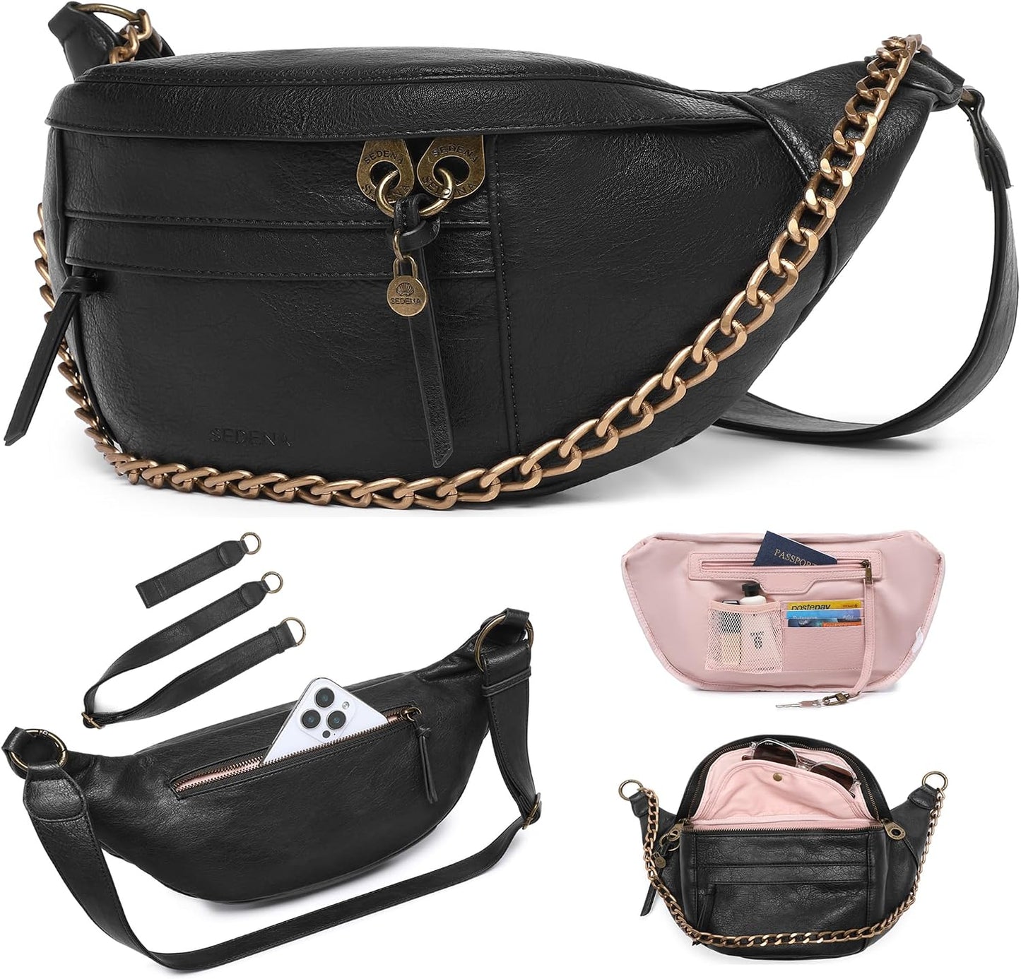 Anti Pickpocket Crossbody Bag – Large Vegan Black Leather Sling Bag with RFID & Glasses Pockets, Anti Theft Design, Multiple Compartments, Chain Detail Travel Crossbody Bag for Women