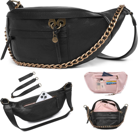 Anti Pickpocket Crossbody Bag – Large Vegan Black Leather Sling Bag with RFID & Glasses Pockets, Anti Theft Design, Multiple Compartments, Chain Detail Travel Crossbody Bag for Women