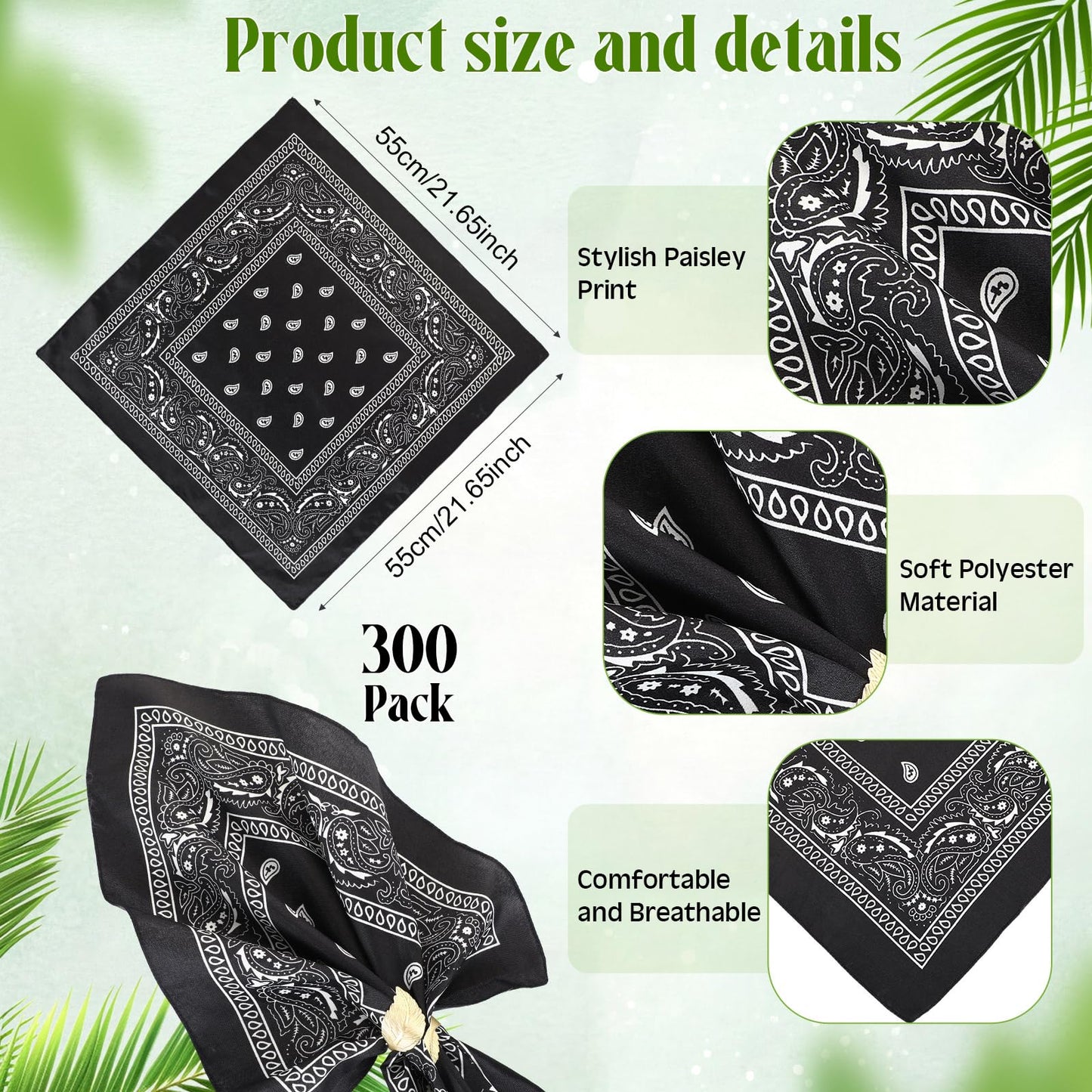 Suhine 300 Pcs Bandanas Bulk Unisex Paisley Bandanas Multipurpose Cowboy Head Wrap Scarf Headband Handkerchief for Women Men(Black)