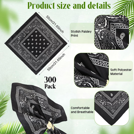Suhine 300 Pcs Bandanas Bulk Unisex Paisley Bandanas Multipurpose Cowboy Head Wrap Scarf Headband Handkerchief for Women Men(Black)