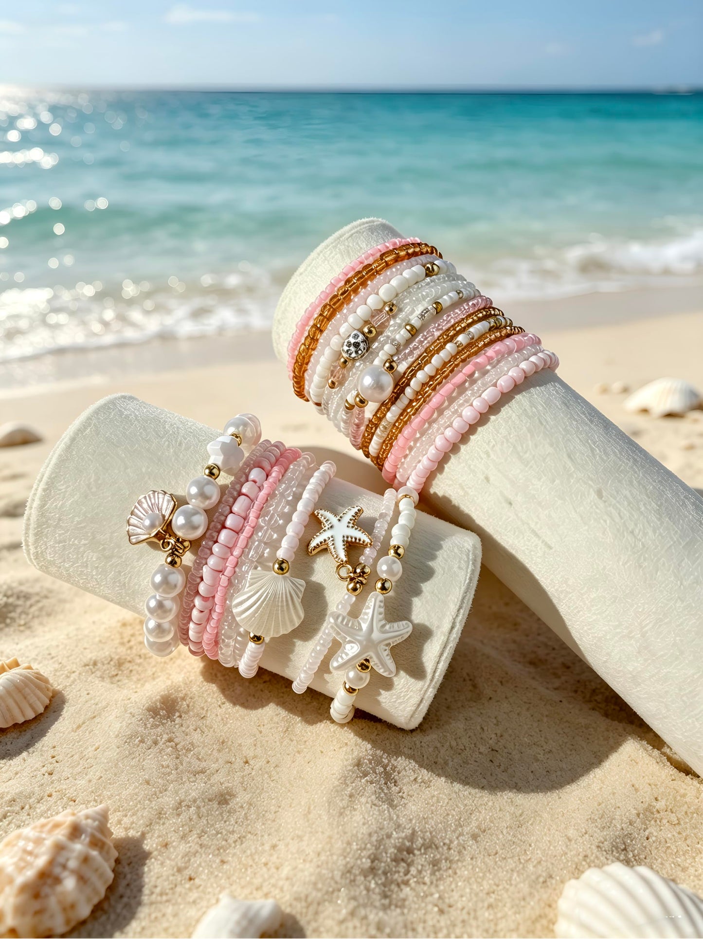 FAXHION Boho Gold Beaded Bracelets for Women, Starfish & Shell Pendant Bracelet Stack, Gold Bracelet Set Summer Beach Jewelry Gifts