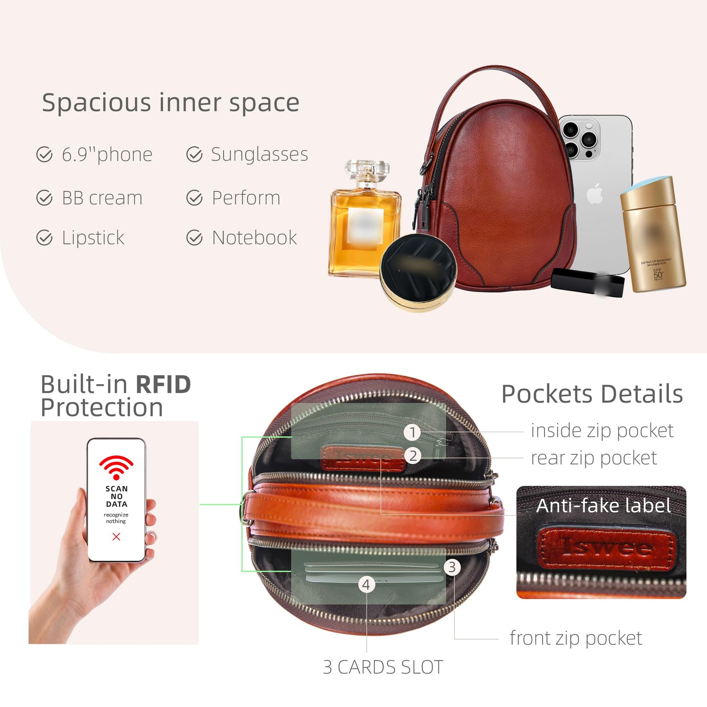Iswee Small Crossbody Bag for Women Small Leather Shoulder Purse Phone Bag | Designer Satchel Handbags Ladies Pocketbooks with 2 Adjustable Strap 3-Way Carry Multi-pocket Organizer Mini Bag