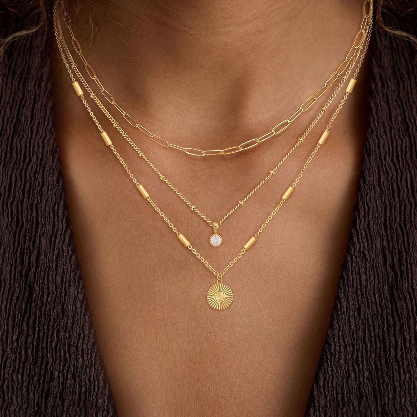 Layered Necklaces for Women, Dainty 14K Gold Plated Circle Peadant Chain Necklace Set Simple Paperclip Stacked Necklaces for Women Trendy Gold Jewelry