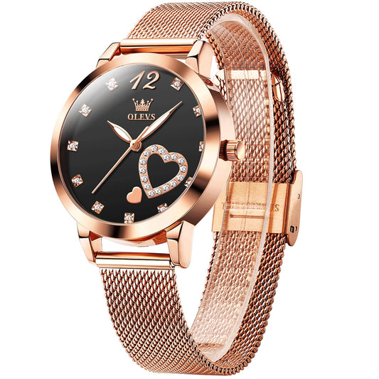 OLEVS Women's Small Wrist Rose Gold Tone Watch - Cute Diamond Heart Arabic Numerals Dial, Fashion Waterproof Mesh Bracelet Analog Dress for Ladies