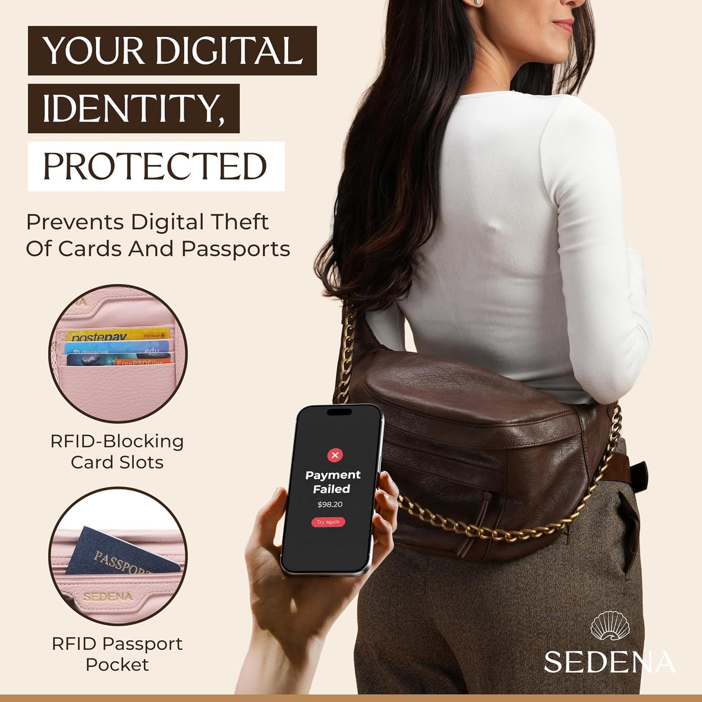 Anti Pickpocket Crossbody Bag – Large Vegan Dark Brown Leather Sling Bag with RFID & Glasses Pockets, Anti Theft Design, Multiple Compartments, Chain Detail Travel Crossbody Bag for Women
