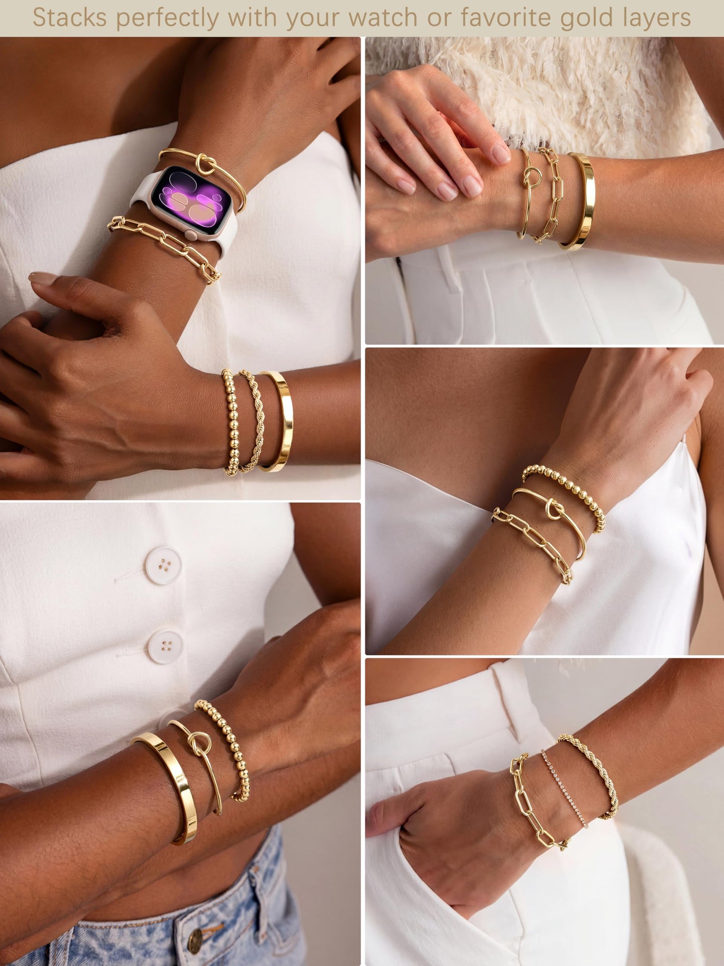 Gokeey Gold Bracelets Set for Women Non Tarnish, Waterproof 14K Gold Plated Sterling Silver Chunky Cuff Bracelet Stackable Gold Bangles Bracelet for Women Trendy Fashion Accessories Tie Knot Cuban Rope Paperclip Beaded Bracelet Stack Jewelry Mothers Day G
