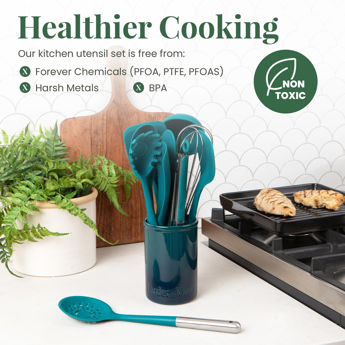 12pc Silicone Kitchen Utensils with Stainless Steel handles and Ceramic holder