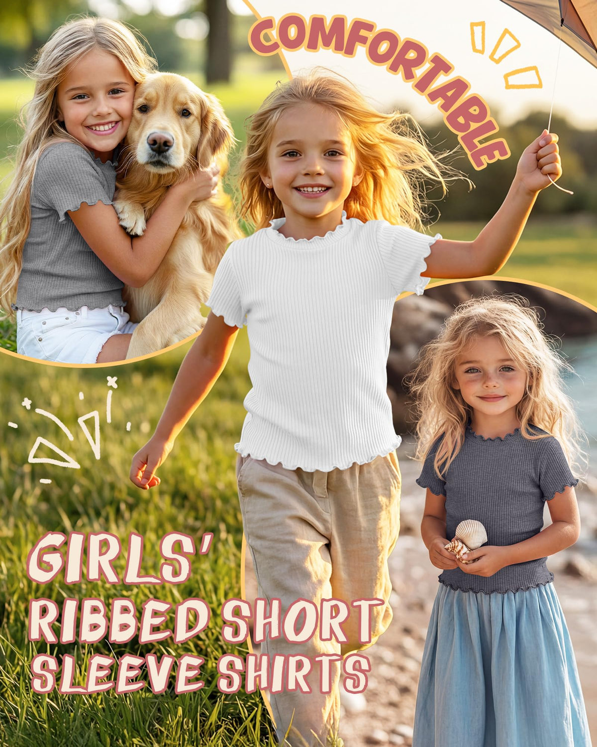 Mumucove 4 Pack Girls' Short Sleeve Shirts Ribbed Crew Neck Lettuce Trim Tops Cute Casual Basic T-Shirts 5-14Y(13-14 Years,Cream, Khaki, Brown, Black)