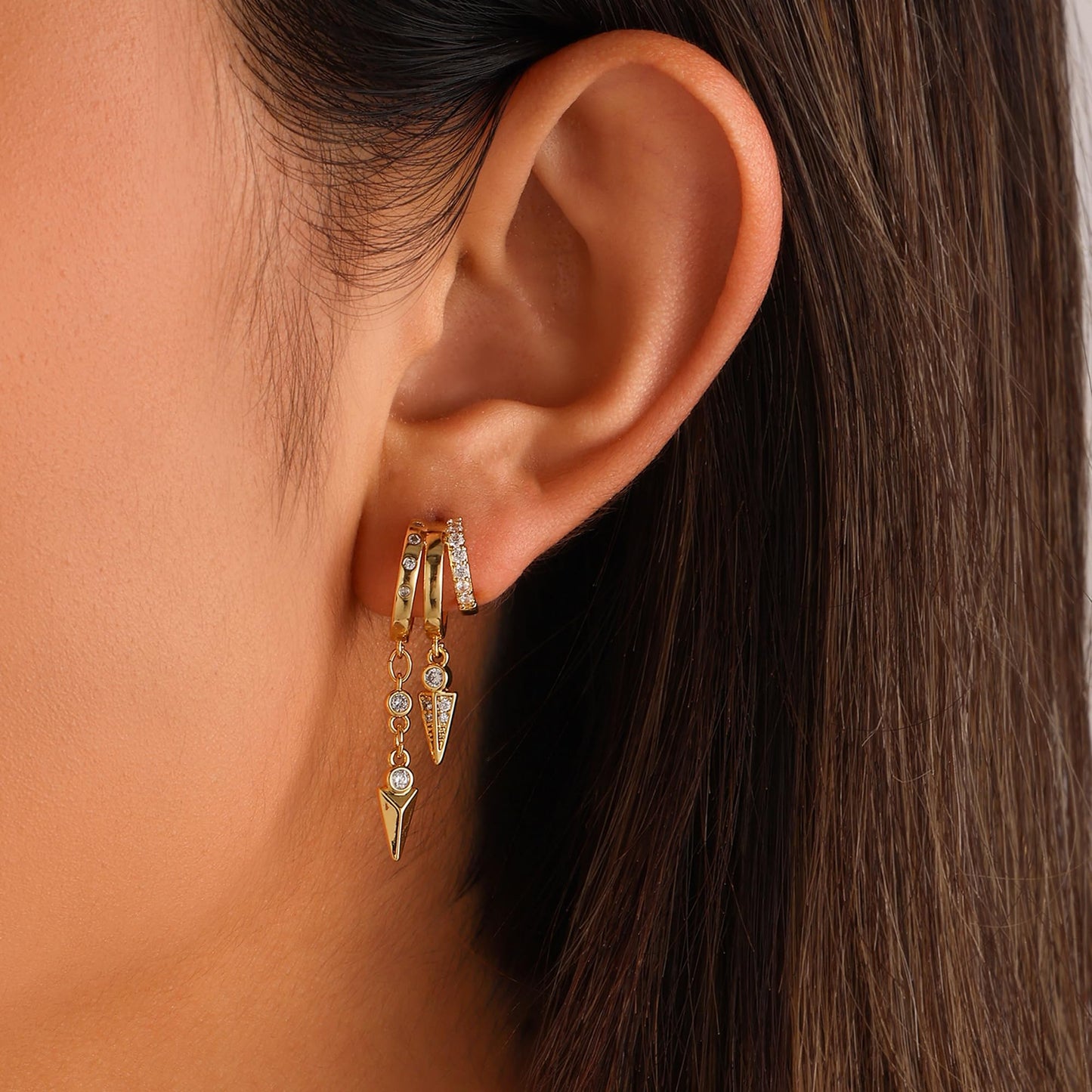 Gold Dangle Earrings for Women, 14k Gold Plated Stacked Triple Hoop Illusion Earrings Cubic Zirconia Huggie Earrings for Women Trendy