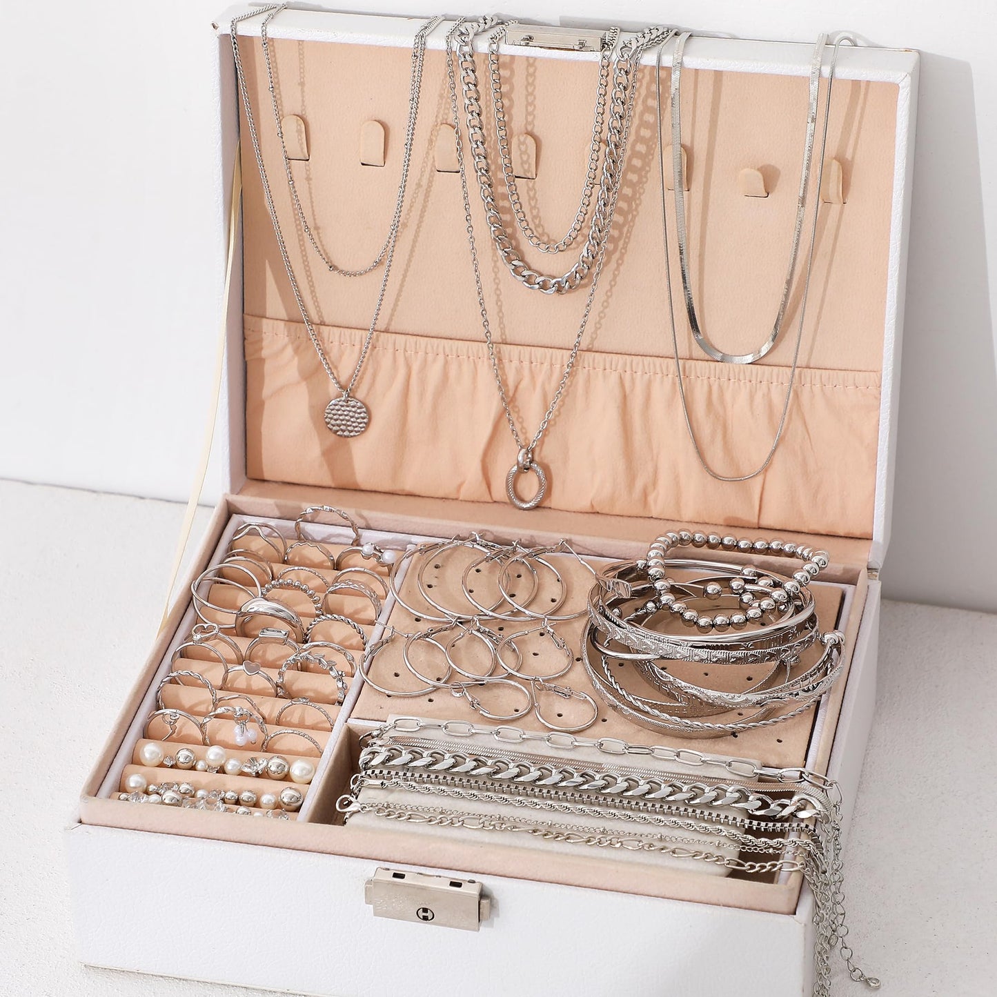 Jewelry 68 Pcs Gold Jewelry Set for Women with 7 Necklace, 17 Bracelet, 5 Hoop Earrings, 15 Stud Earrings, 24 Knuckle Rings for Women Jewelry Set for Women Gift