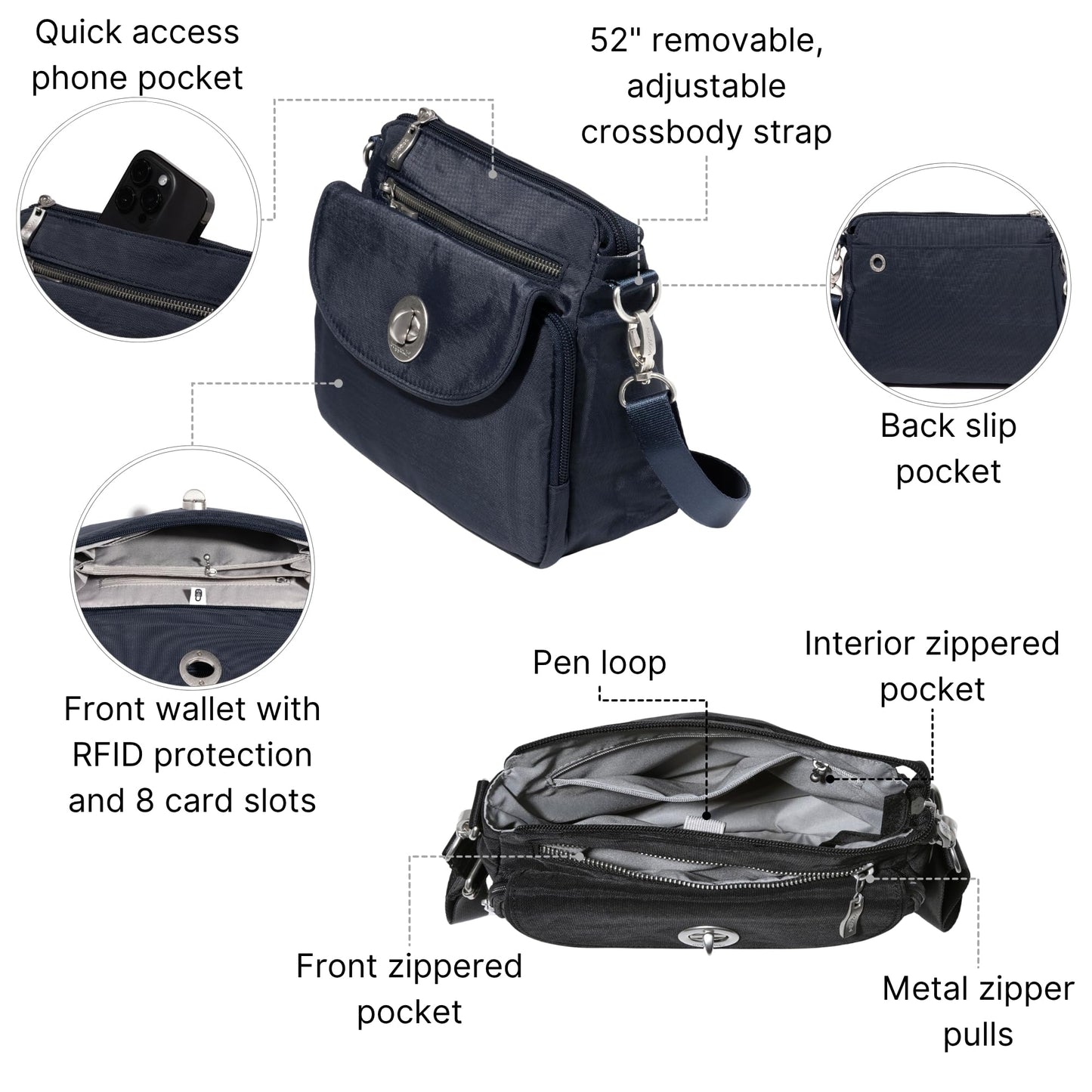 Baggallini Calais Crossbody Bags for Women 10x7 Lightweight Water-Resistant Travel Purse, RFID & Interior Organization