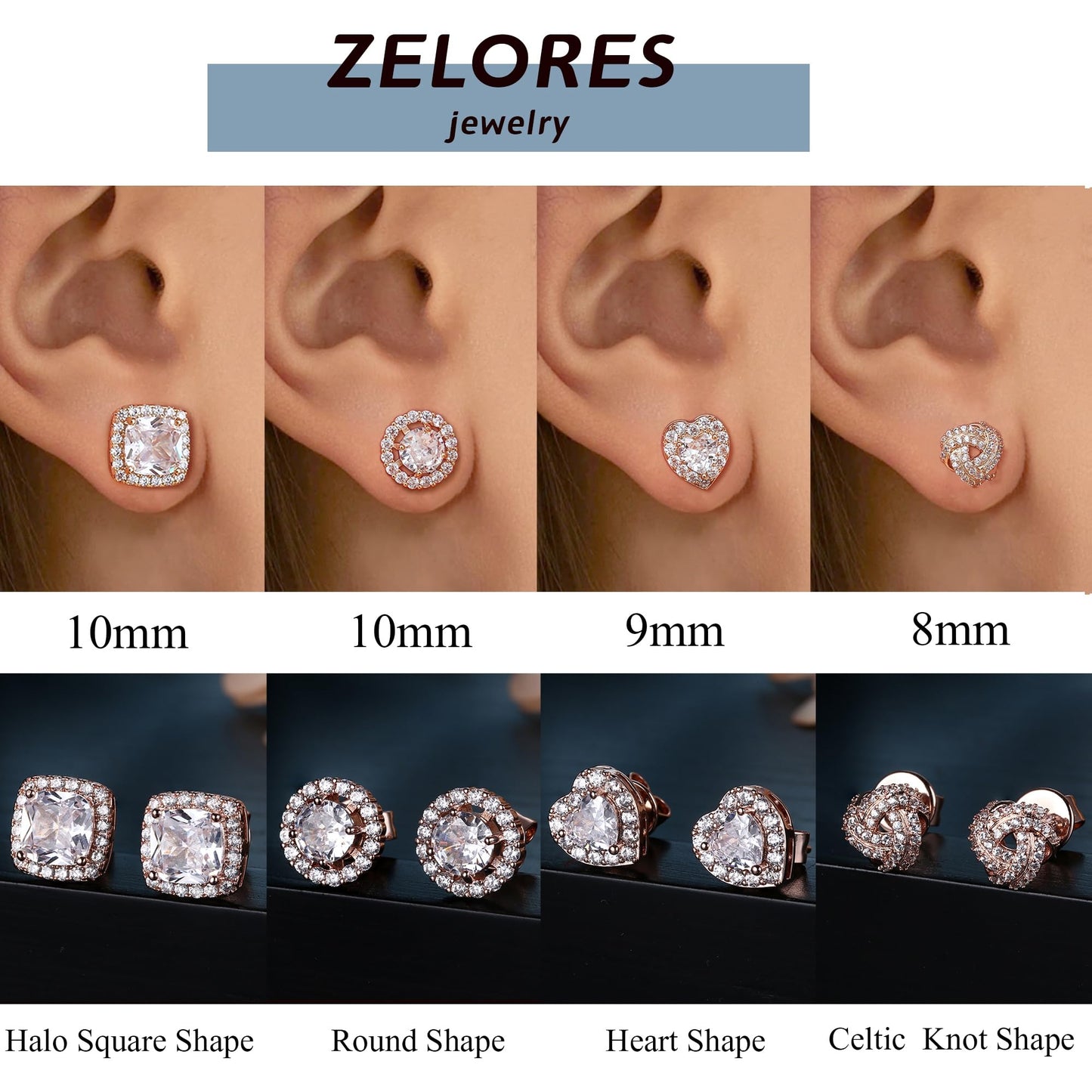 ZELORES 4 Pairs Sterling Silver 5A CZ Stud Earrings for Women 14K Gold Plated Brilliant Celtic Heart Big Stud Earrings Set Cubic Zirconia Earrings Studs for Sensitive Ear