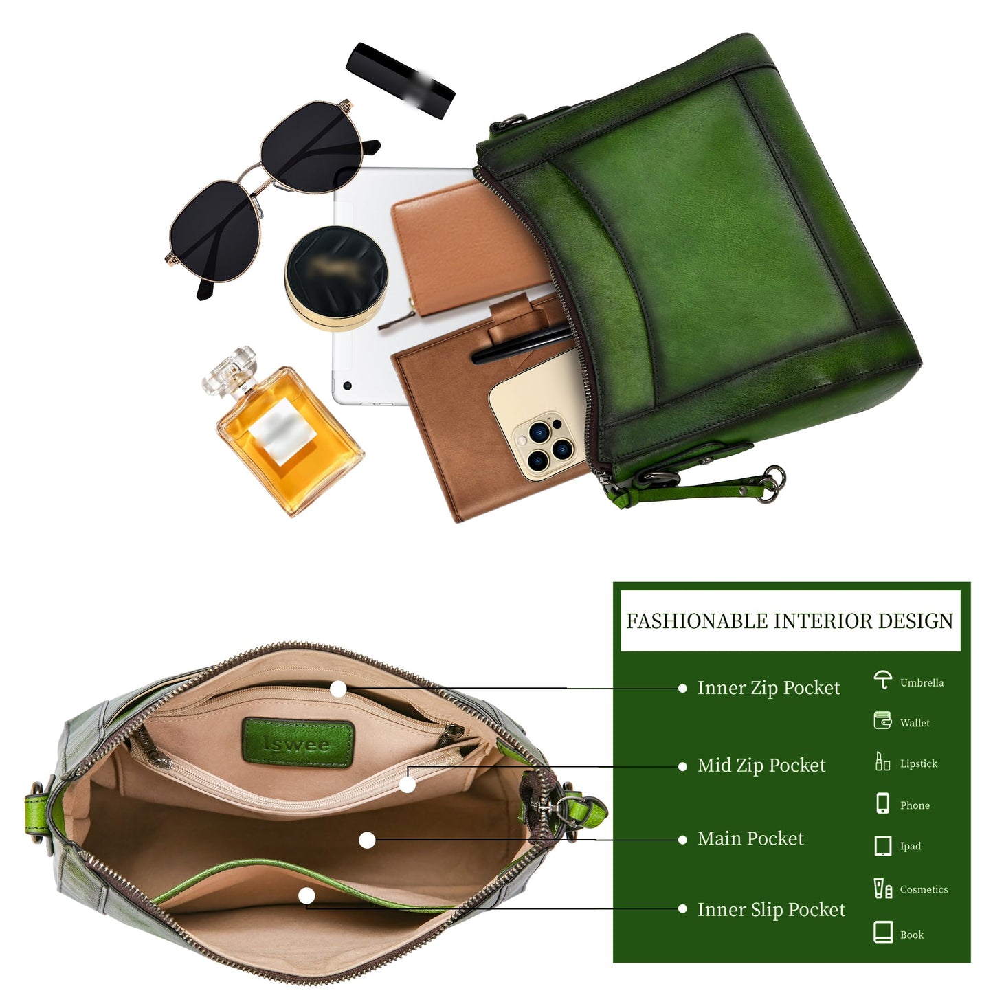 Iswee Leather Crossbody Bags for Women Shoulder Purse Medium Hobo Genuine Leather Satchel Purses and Handbags