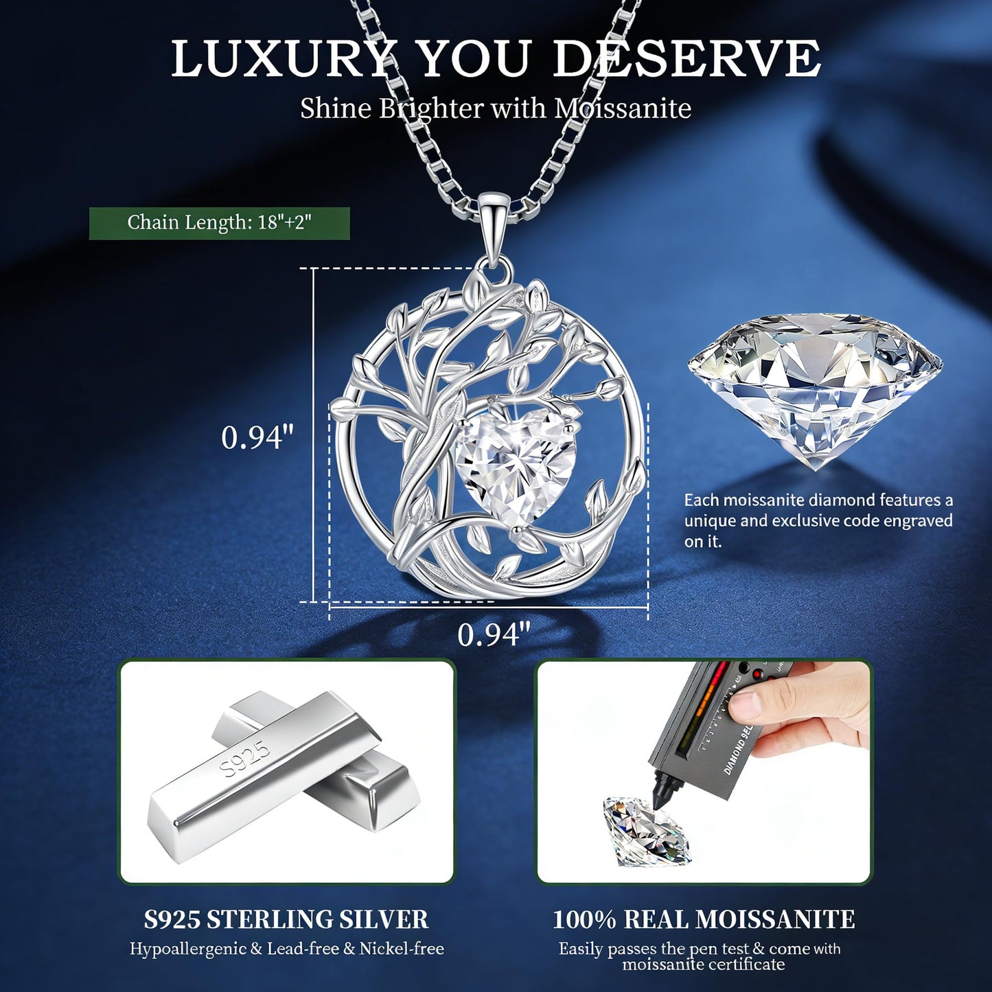 Gorgeous Moissanite Necklaces for Women - Sterling Silver 1-3CT D Color Moissanite Pendant Necklace, Mother Day Birthday Gifts for Mom Wife Girlfriend Daughter, Wedding Anniversary Christmas Jewelry Gift