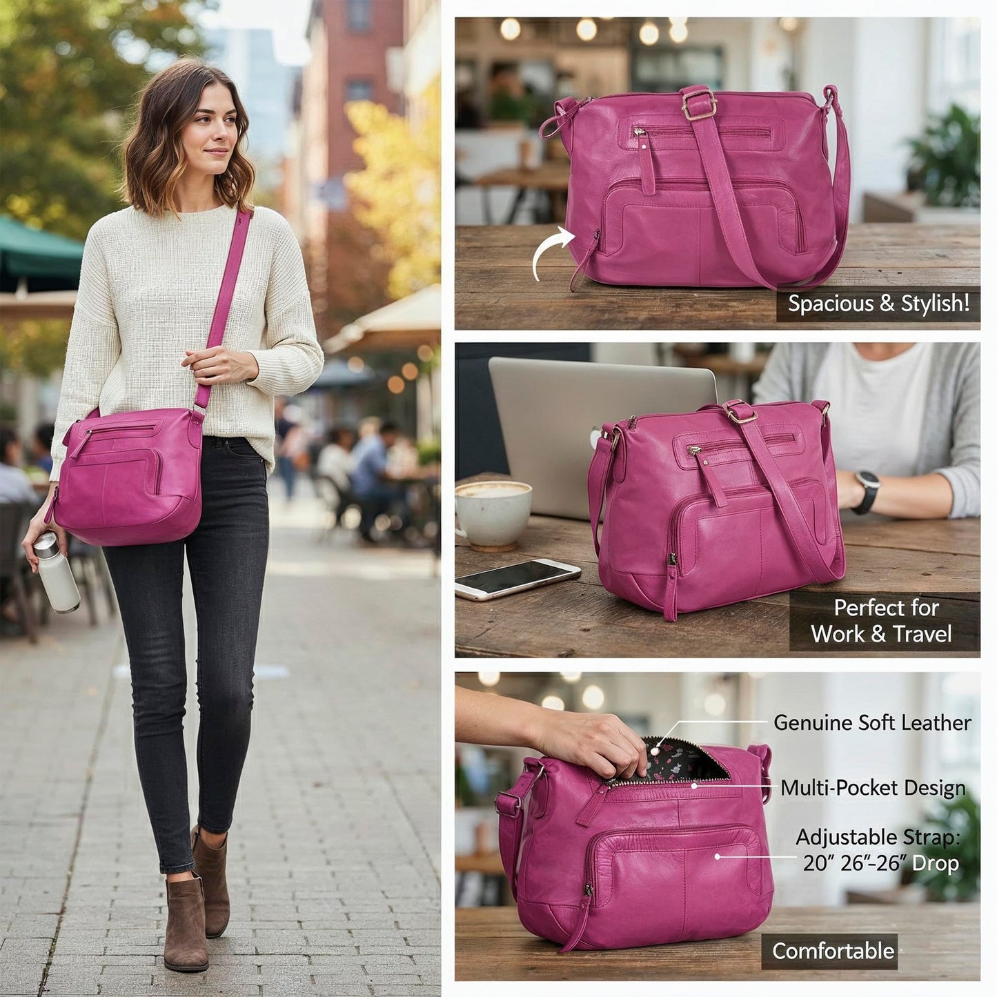 Oak Leathers Women's Crossbody Bag - Genuine Leather Crossover Shoulder Purse With Adjustable Sling Strap - Medium Size