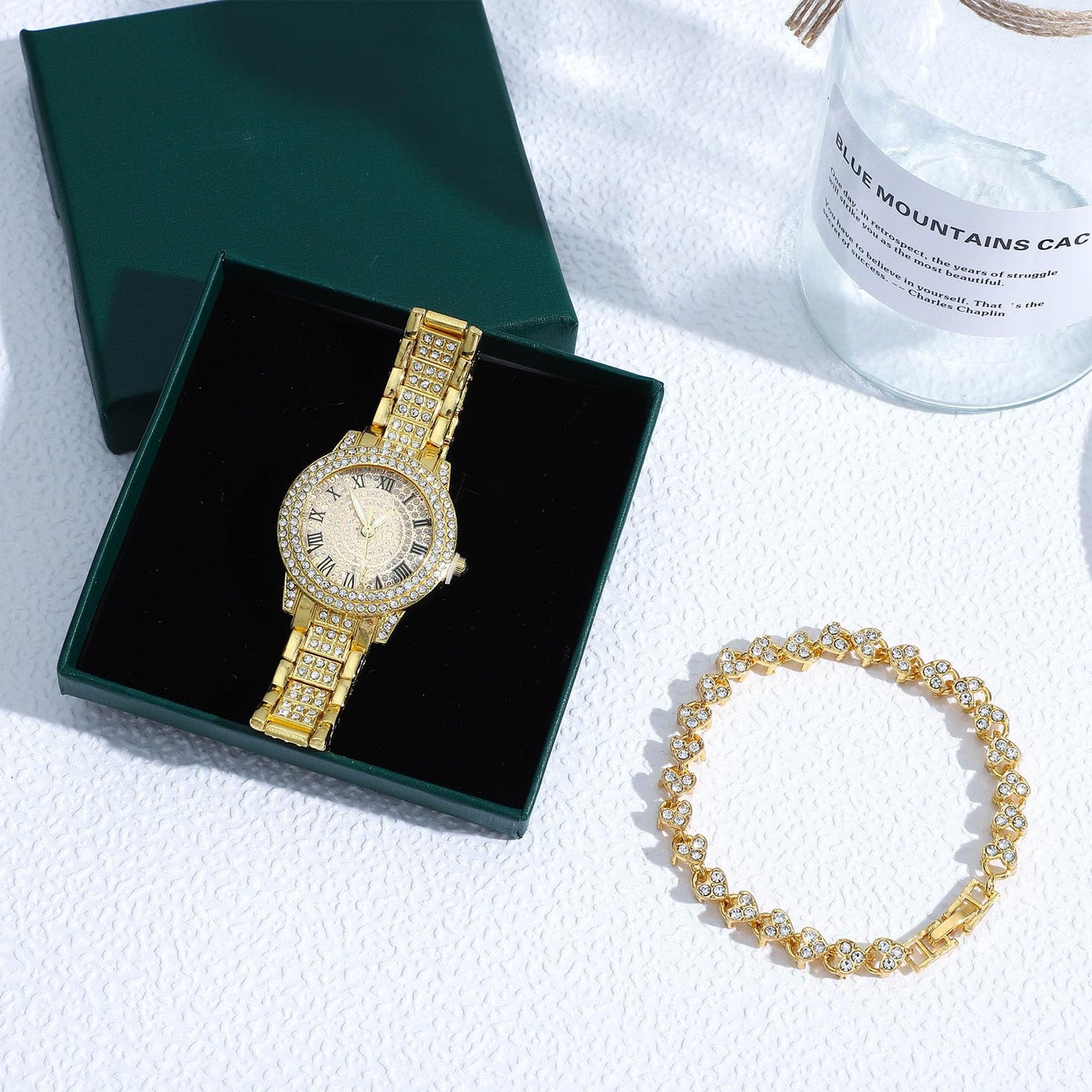 NEWITIN 2 Pieces Women Diamond Watch Bracelet Set Luxury Fashion Jewelry Cubic Zirconia Wristwatch Bracelet Gold Watch Jewelry Set for Women