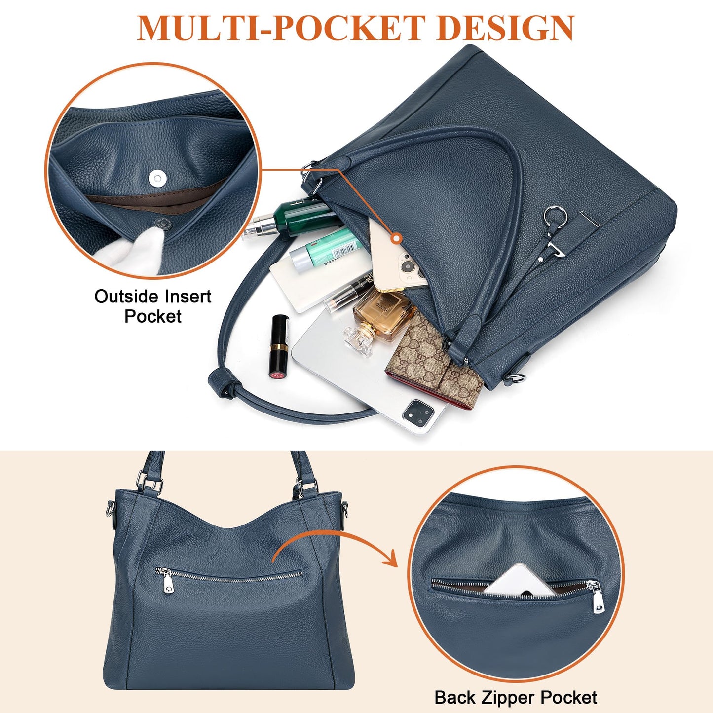 Over Earth Genuine Leather Purses for Women Large Hobo Bags Lady Shoulder Handbags with Detachable Strap