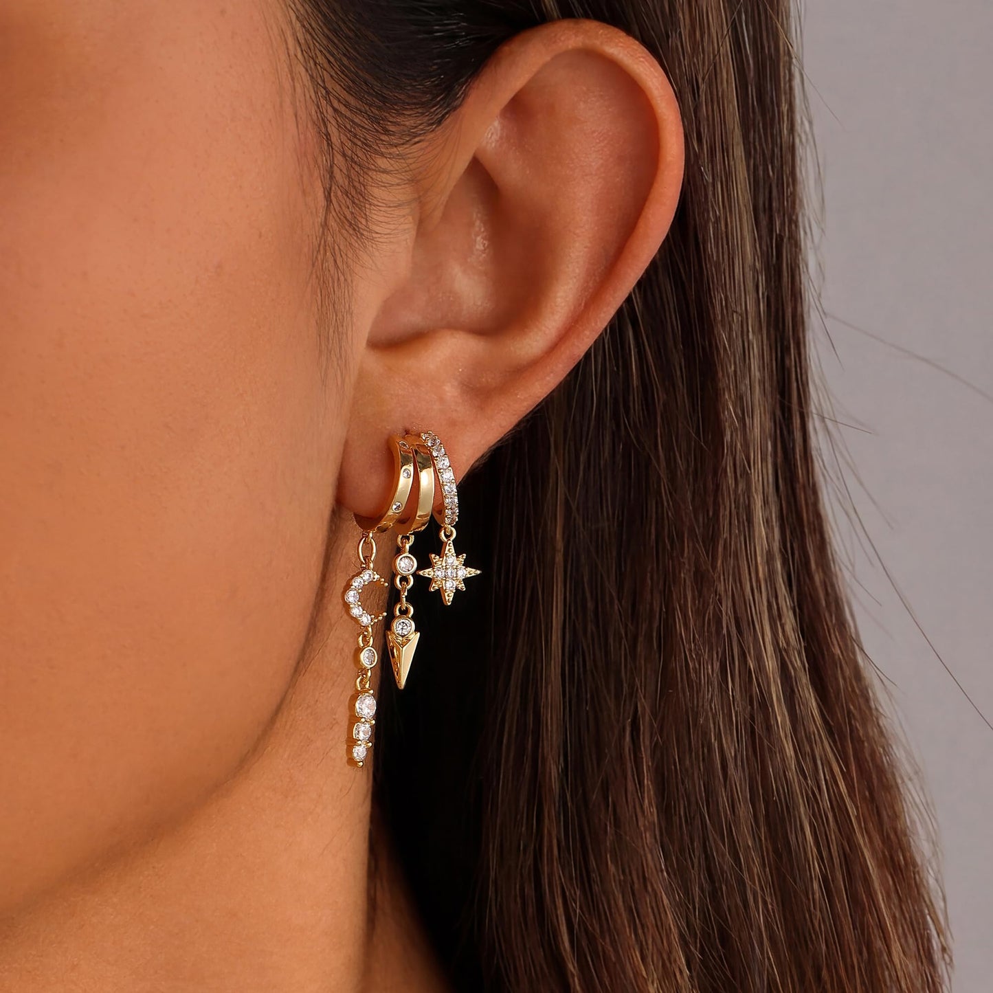 Gold Dangle Earrings for Women, 14k Gold Plated Stacked Triple Hoop Illusion Earrings Cubic Zirconia Huggie Earrings for Women Trendy