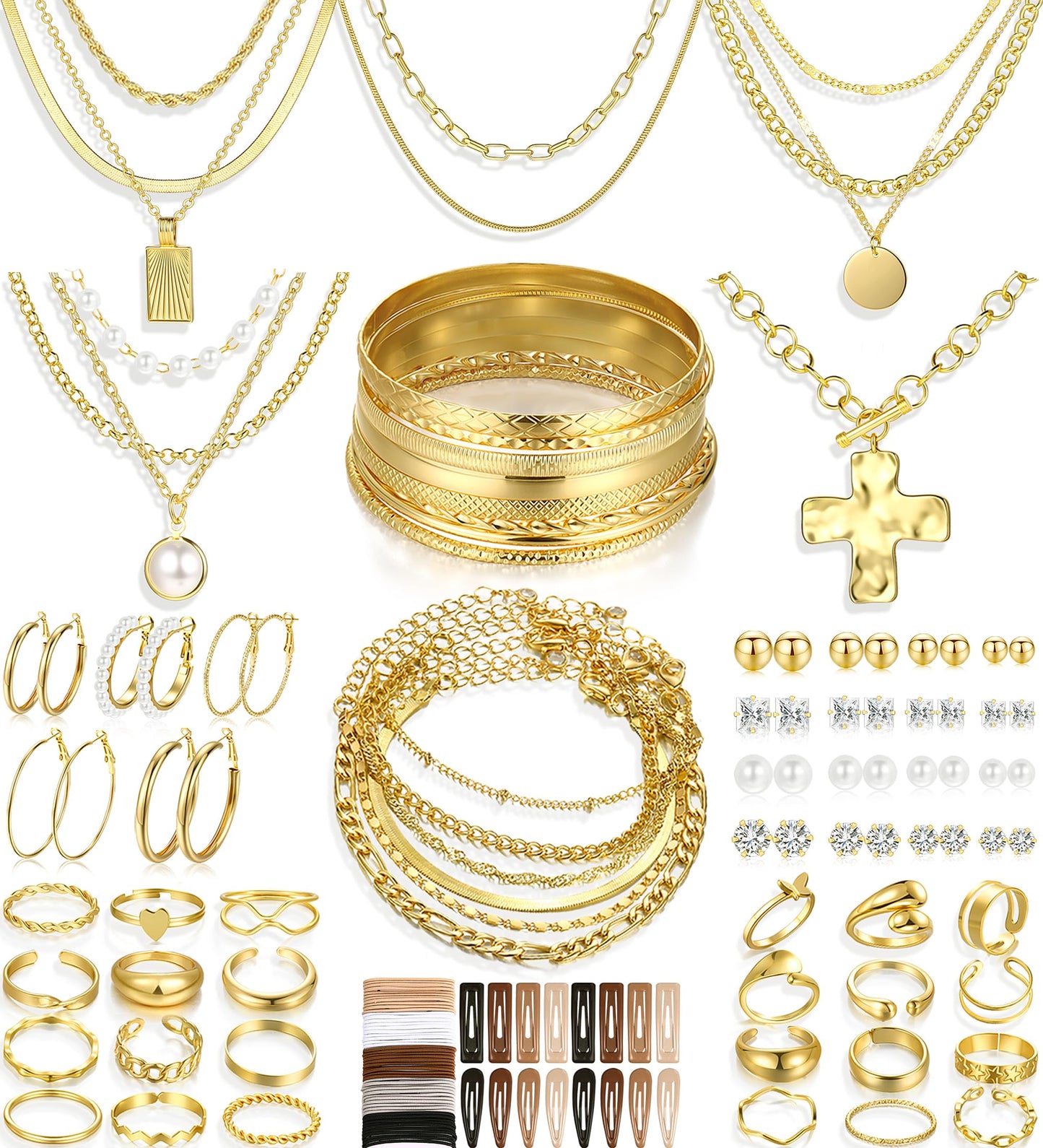 Jewelry 68 Pcs Gold Jewelry Set for Women with 7 Necklace, 17 Bracelet, 5 Hoop Earrings, 15 Stud Earrings, 24 Knuckle Rings for Women Jewelry Set for Women Gift