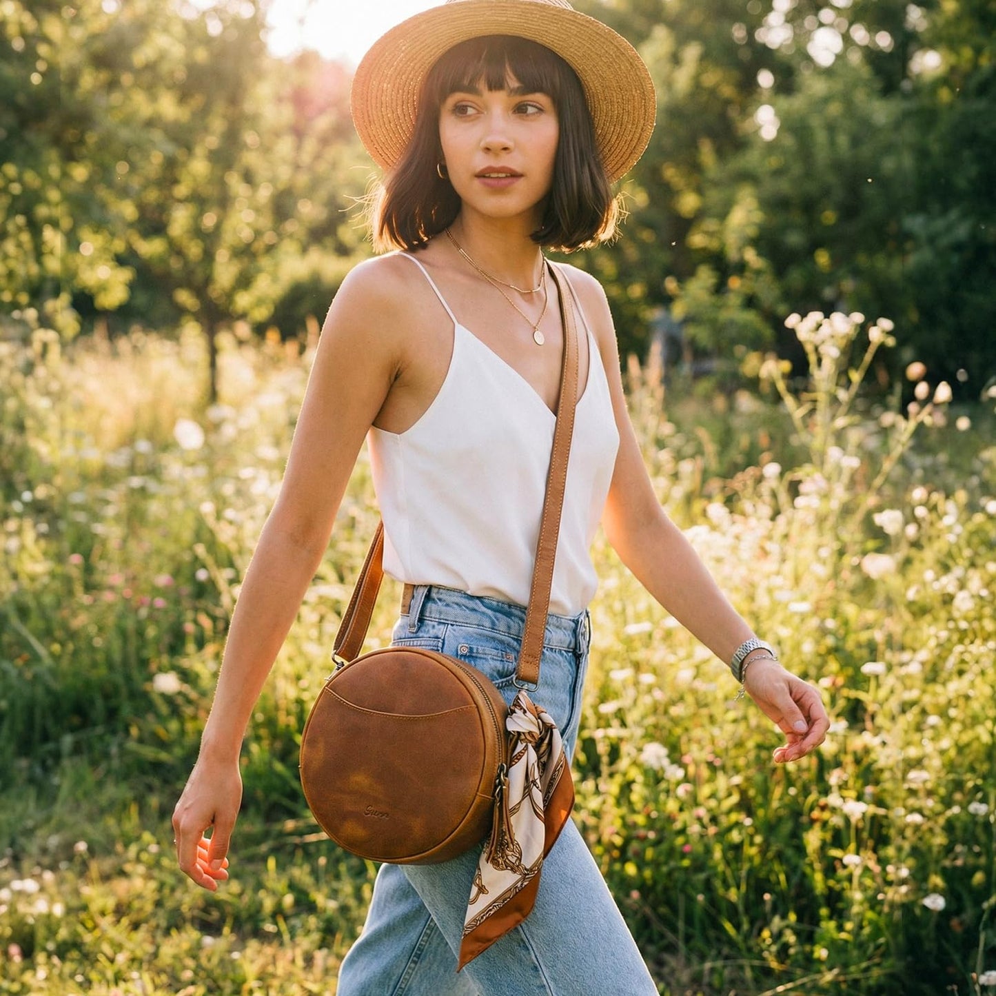 S-ZONE Leather Crossbody Bags for Women Circle Shoulder Round Purse Travel | Top Grain Leather, Keychain, Designer Handbag, Vintage, Multi Pockets, Detachable Strap, Eveyday Outing