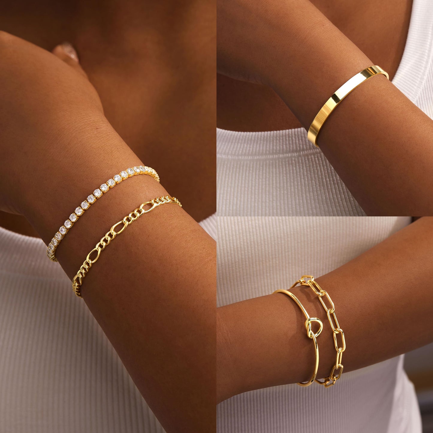 Gokeey Gold Bracelets Set for Women Non Tarnish, Waterproof 14K Gold Plated Sterling Silver Chunky Cuff Bracelet Stackable Gold Bangles Bracelet for Women Trendy Fashion Accessories Tie Knot Cuban Rope Paperclip Beaded Bracelet Stack Jewelry Mothers Day G