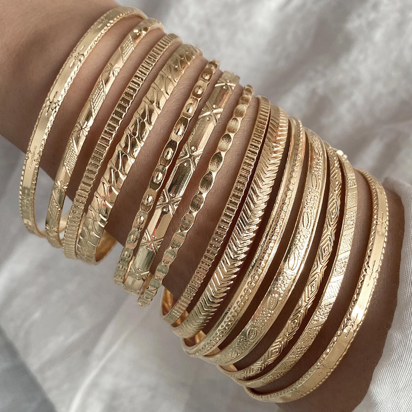17IF Gold Bangle Bracelet For Women, 14k Multilayer Charm Textured Stackable Bracelets Boho Indian Chunky Cuff Fashion Jewelry Gift